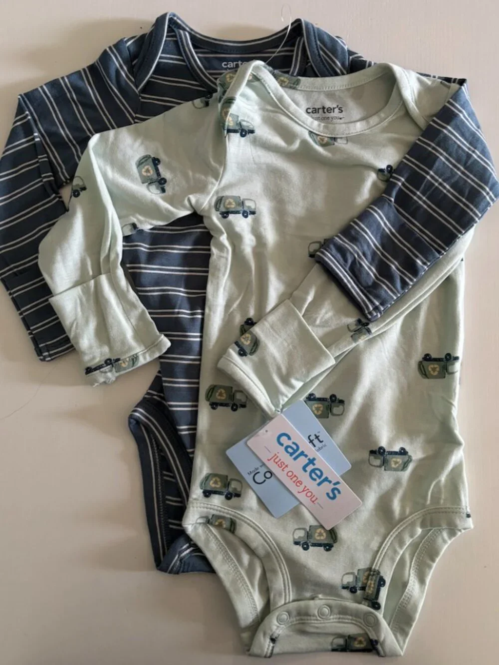 Carter’s Just One You 2pc Green Truck/Blue Stripe Long Sleeve Bodysuits NWT